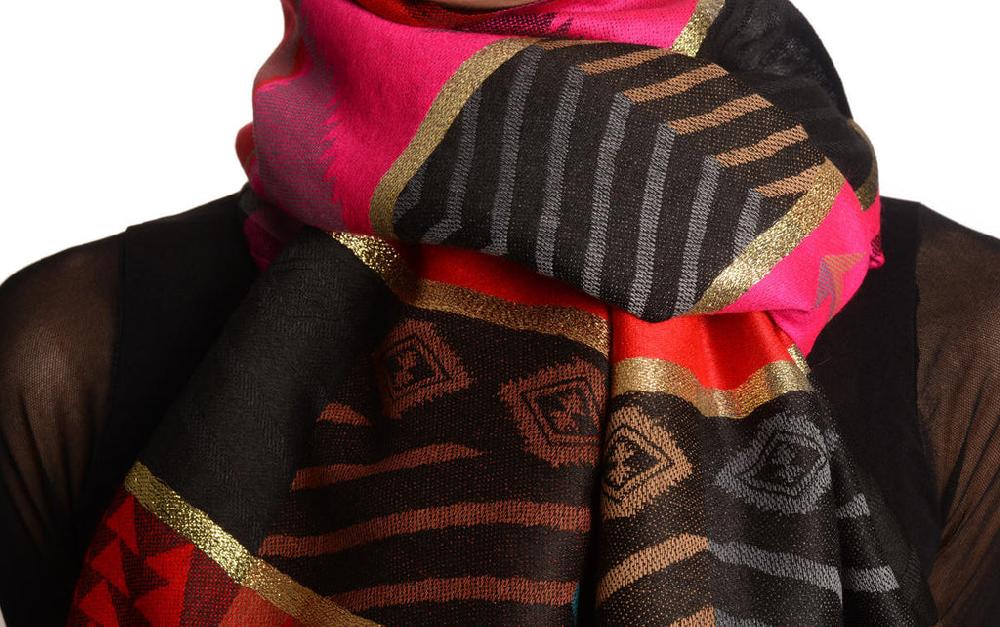 Liss Kiss Aztec Patern On Red & Magenta With Gold Lurex Pashmina With Tassels - Scarf