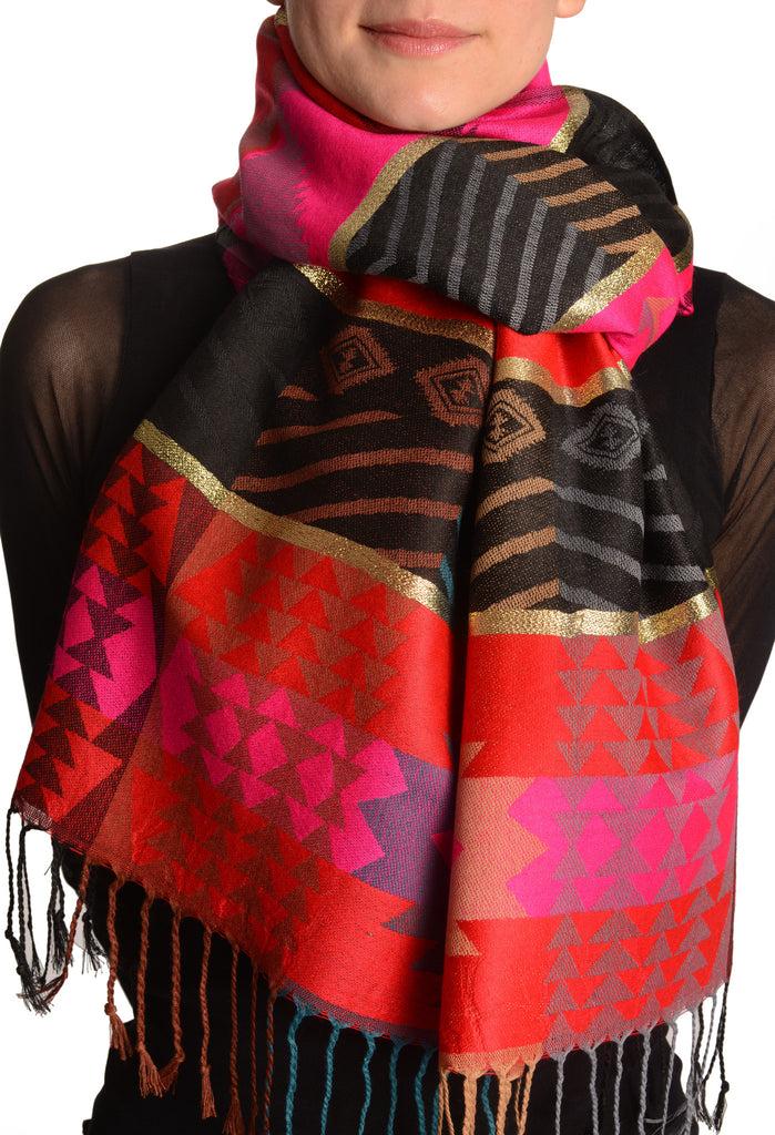 liss kiss Aztec Patern On Red & Magenta With Gold Lurex Pashmina With Tassels - Scarf