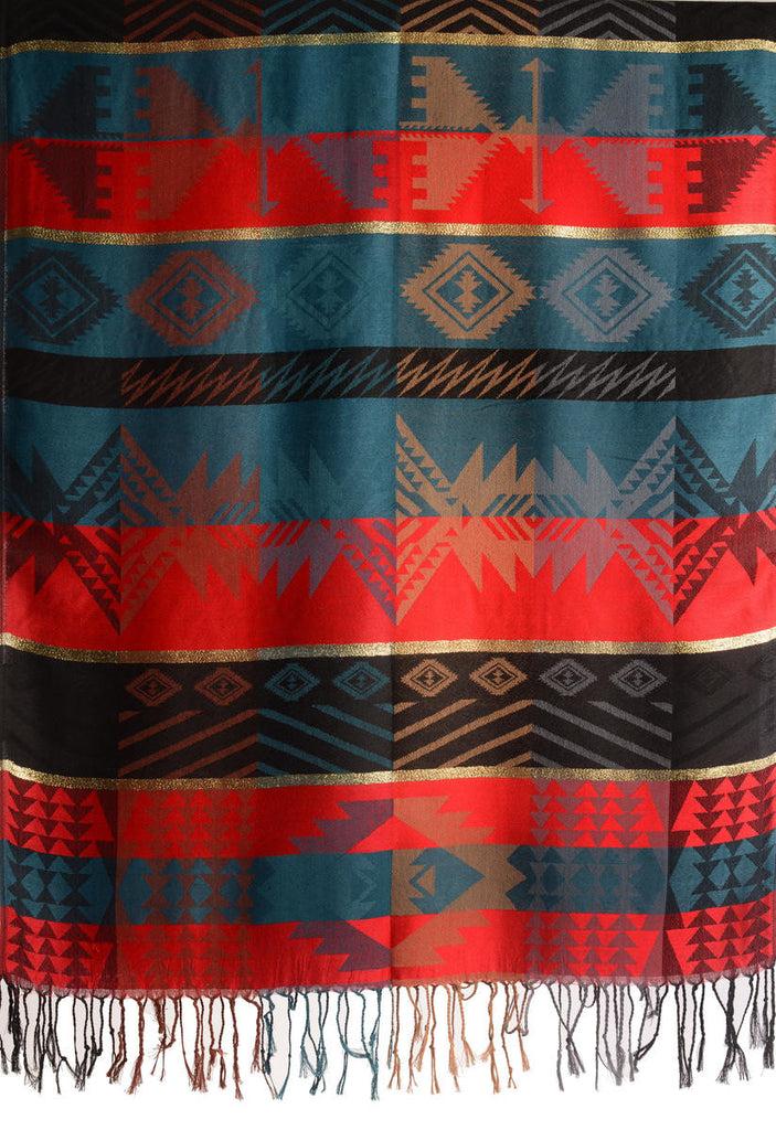 Liss Kiss Aztec Patern On Red & Prussian Blue With Gold Lurex Pashmina With Tassels - Scarf
