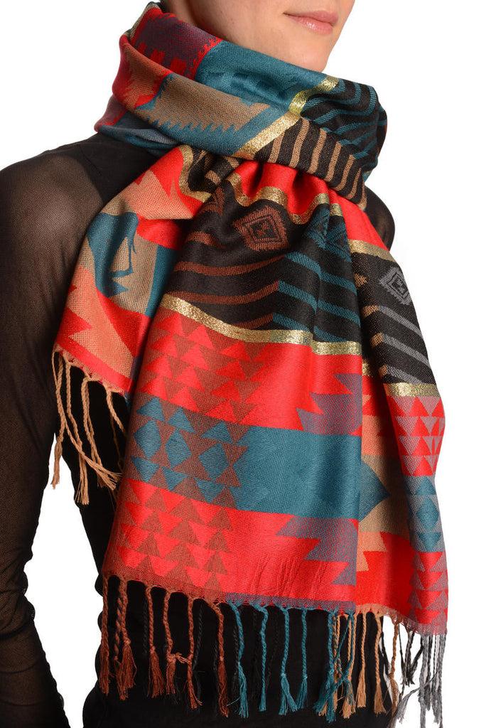 Liss Kiss Aztec Patern On Red & Prussian Blue With Gold Lurex Pashmina With Tassels - Scarf
