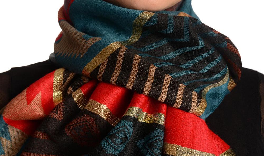 Liss Kiss Aztec Patern On Red & Prussian Blue With Gold Lurex Pashmina With Tassels - Scarf
