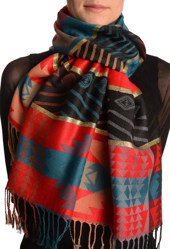 liss kiss Aztec Patern On Red & Prussian Blue With Gold Lurex Pashmina With Tassels - Scarf