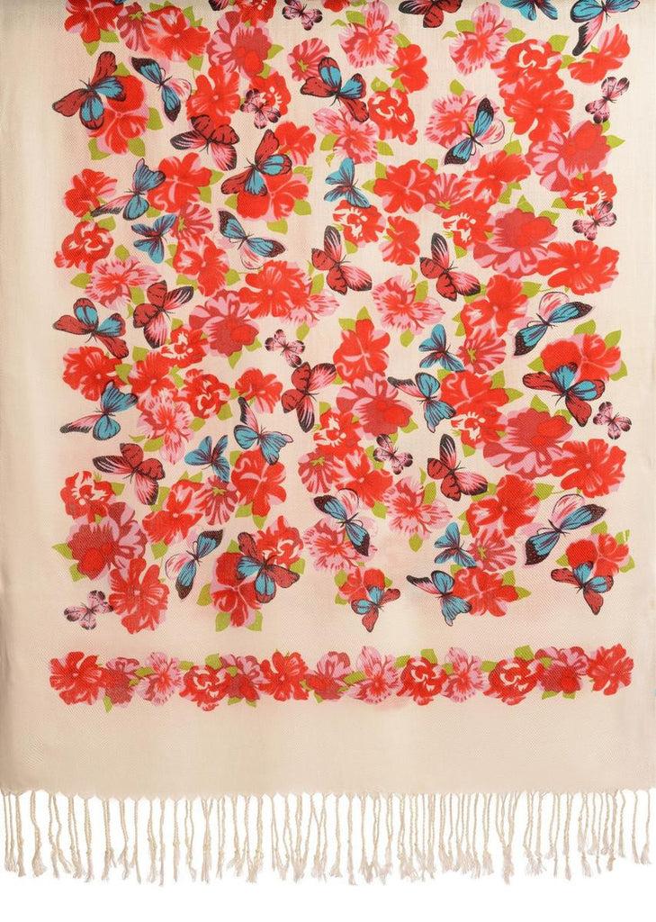 Liss Kiss Azure Blue Butterflies & Flowers On White Pashmina Feel With Tassels - Scarf