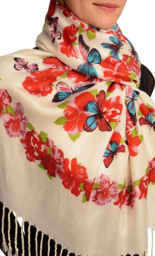 Liss Kiss Azure Blue Butterflies & Flowers On White Pashmina Feel With Tassels - Scarf