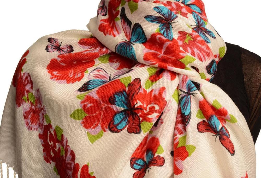 Liss Kiss Azure Blue Butterflies & Flowers On White Pashmina Feel With Tassels - Scarf