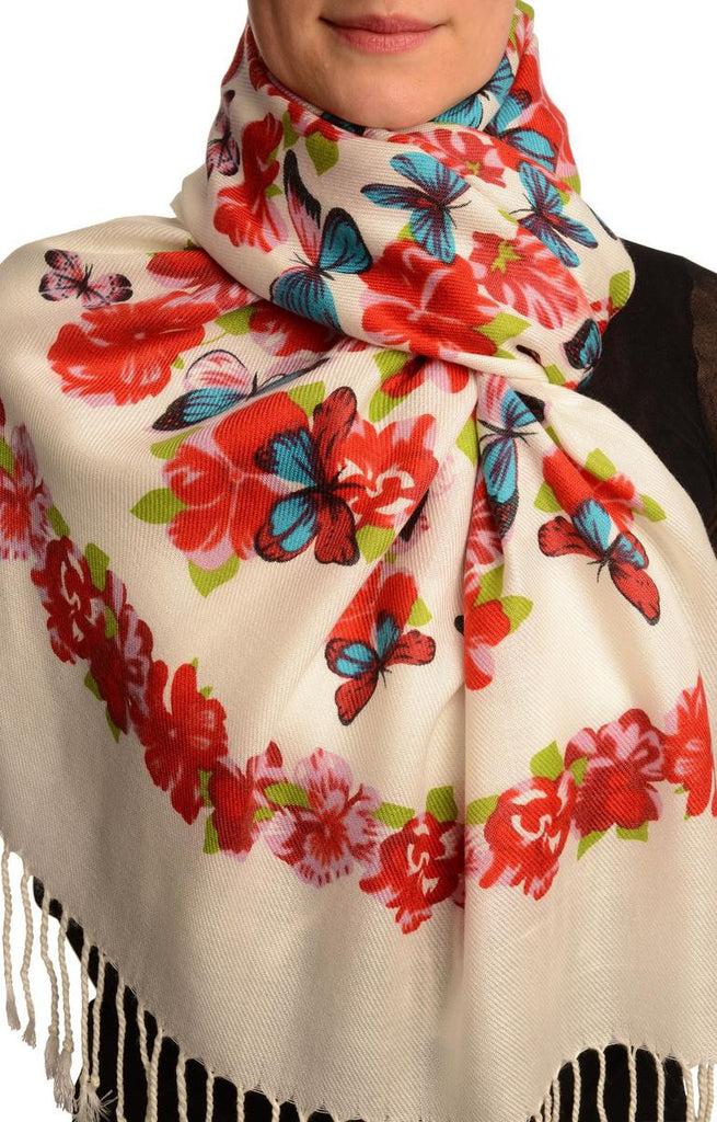 liss kiss Azure Blue Butterflies & Flowers On White Pashmina Feel With Tassels - Scarf