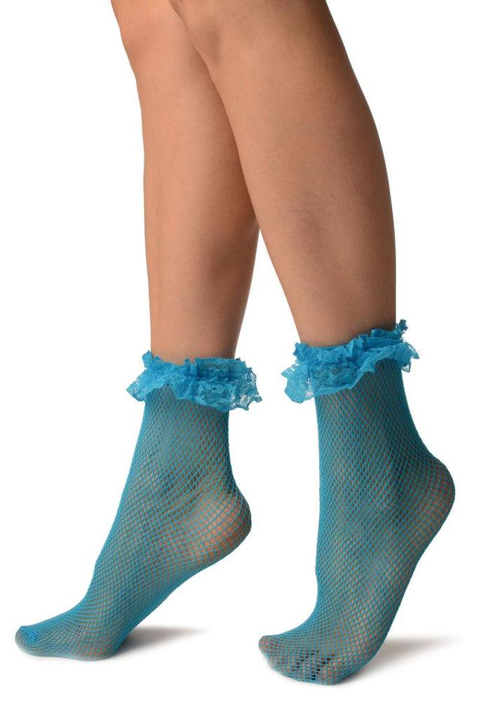Liss Kiss Azure Blue Fishnet With Ruffle Ankle High Socks - Socks