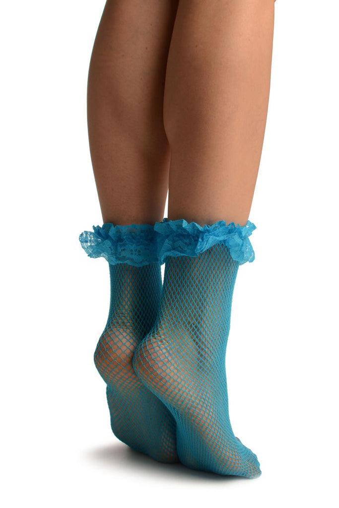 Liss Kiss Azure Blue Fishnet With Ruffle Ankle High Socks - Socks