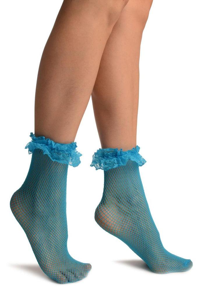 liss kiss Azure Blue Fishnet With Ruffle Ankle High Socks - Socks