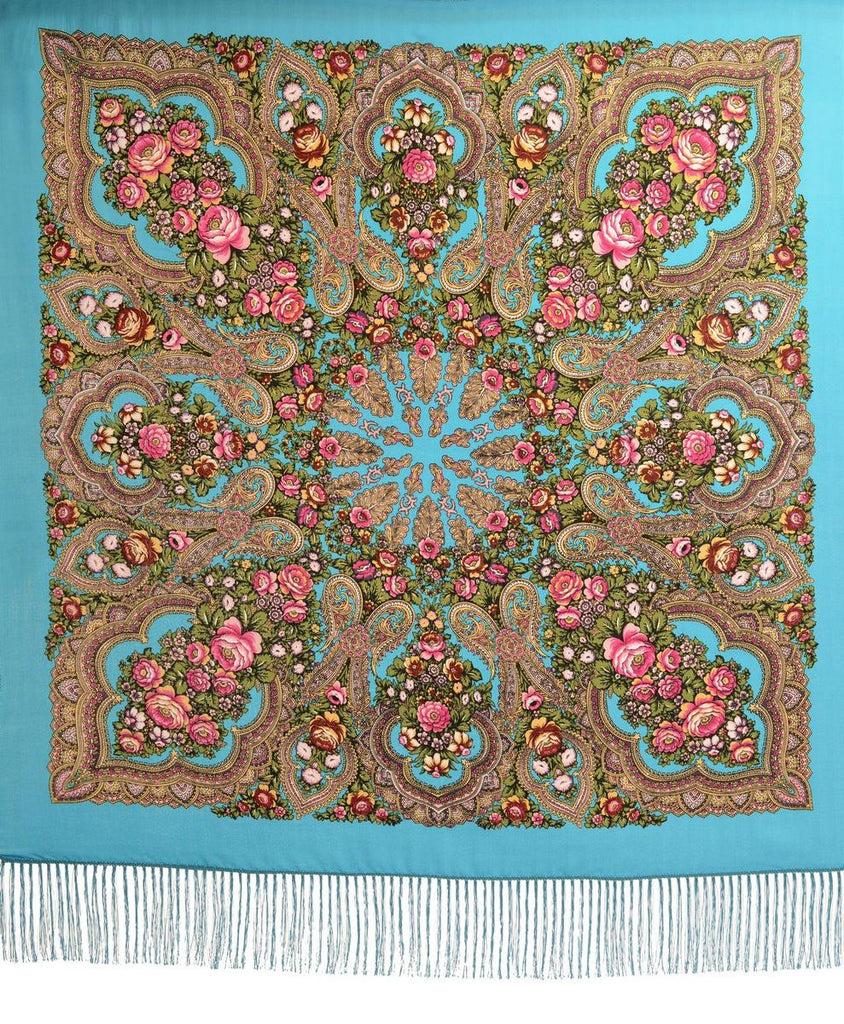 Liss Kiss Azure Blue "Plyaski" Slavonic Russian Folk Style Shawl - Scarf