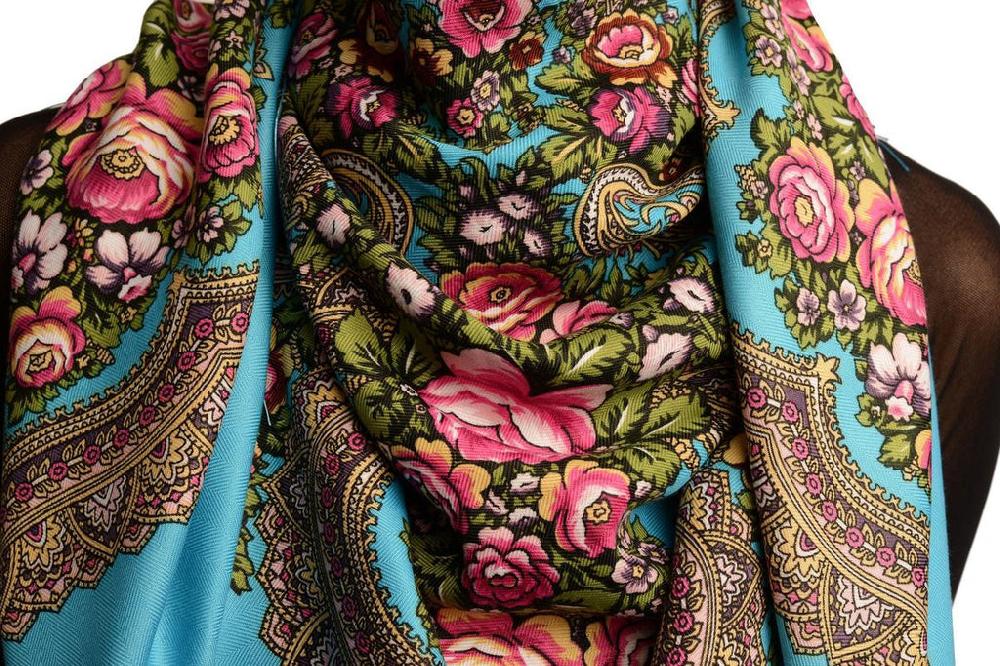 Liss Kiss Azure Blue "Plyaski" Slavonic Russian Folk Style Shawl - Scarf