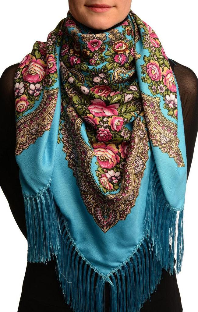 liss kiss Azure Blue "Plyaski" Slavonic Russian Folk Style Shawl - Scarf