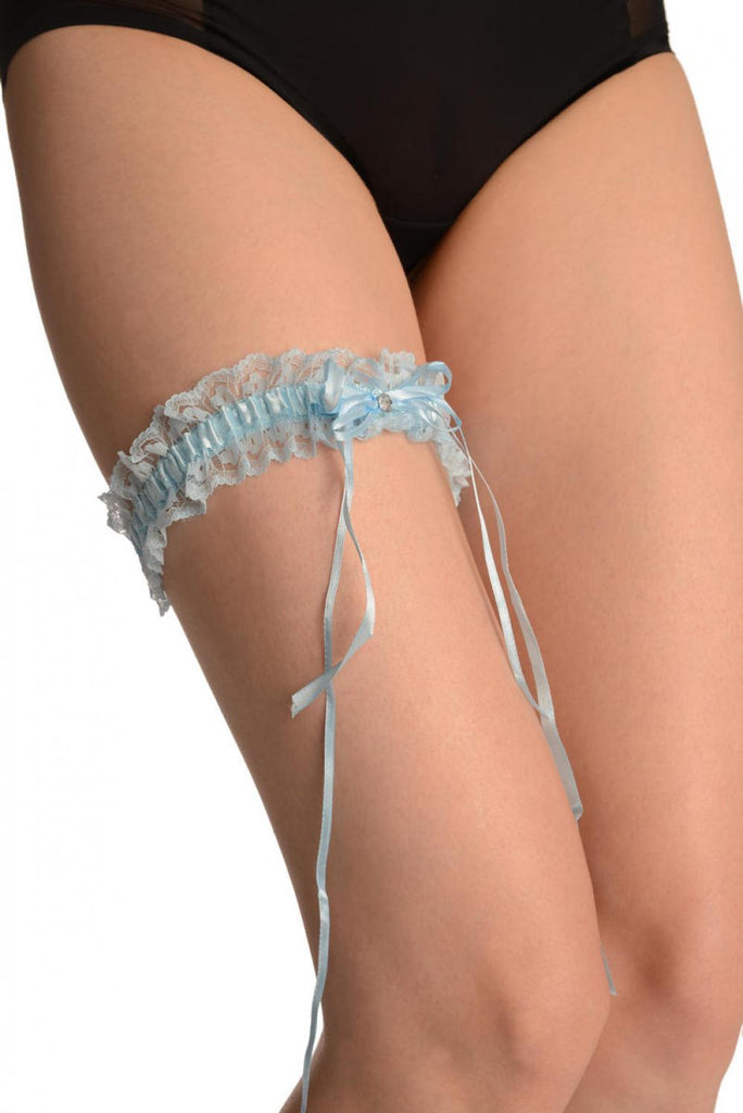 Liss Kiss Baby Blue Lace With Diamond & Bow And Adjustable Velcro - Garter
