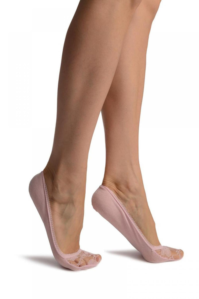 liss kiss Baby Pink Cotton With Floral Lace Front Footies - Footsies Socks