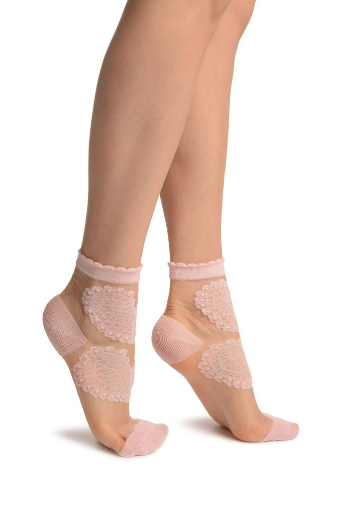 Liss Kiss Baby Pink Hearts On Invisible Mesh Ankle High Socks - Socks