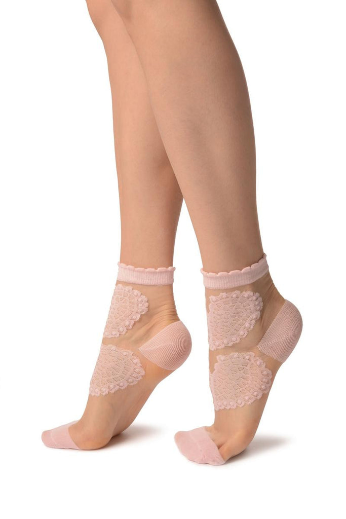 Liss Kiss Baby Pink Hearts On Invisible Mesh Ankle High Socks - Socks