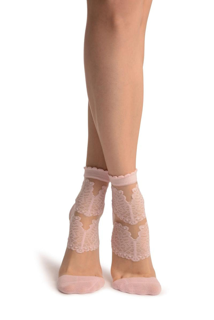 liss kiss Baby Pink Hearts On Invisible Mesh Ankle High Socks - Socks