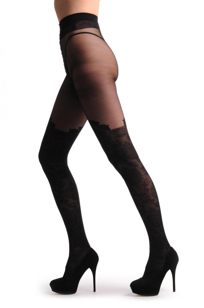 Liss Kiss Barocco Lace Style Over The Knee Faux Socks With Transparent Top - Tights