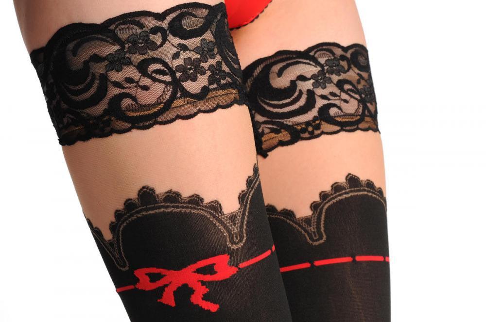 Liss Kiss Baroness With Woven Red Bow & Nude Panels - Hold Ups