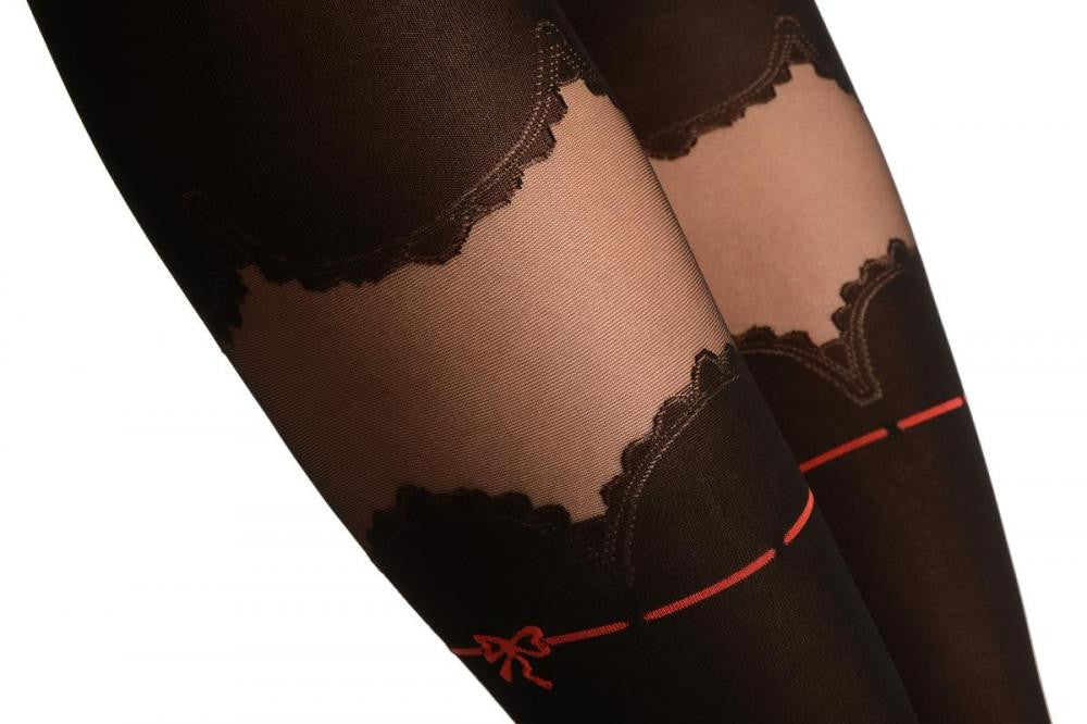 Liss Kiss Baroness With Woven Red Bow & Transparent Panels - Tights