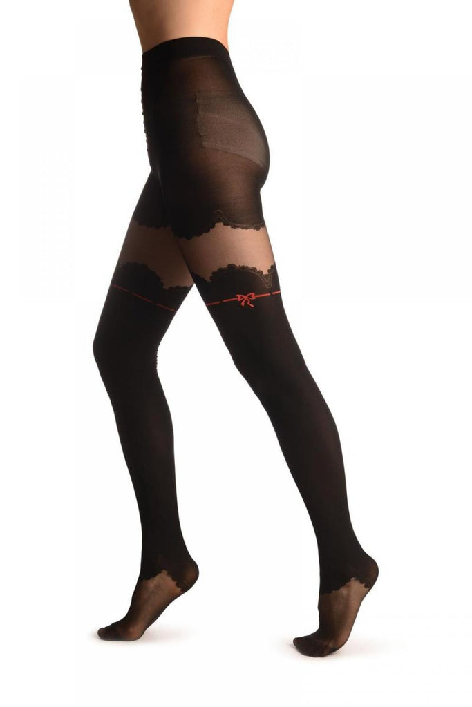 liss kiss Baroness With Woven Red Bow & Transparent Panels - Tights