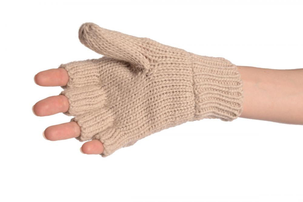 Liss Kiss Bear Face Beige Knitted Fingerless Flip Gloves - Gloves