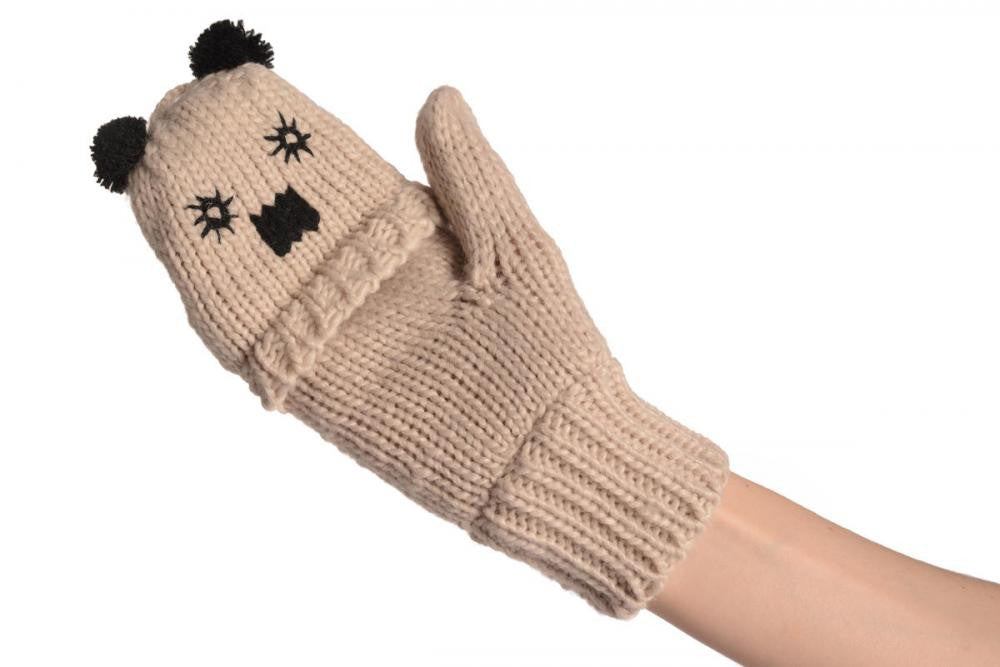 Liss Kiss Bear Face Beige Knitted Fingerless Flip Gloves - Gloves