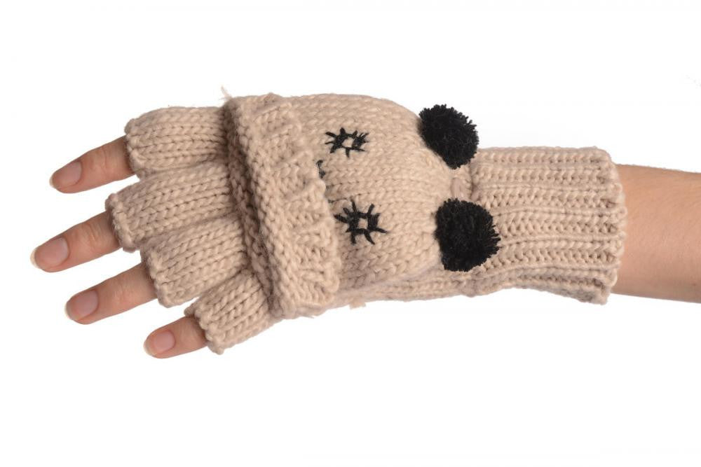 Liss Kiss Bear Face Beige Knitted Fingerless Flip Gloves - Gloves