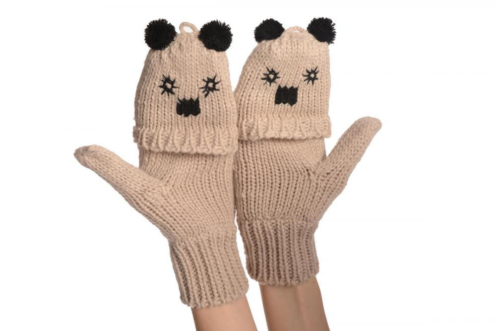 liss kiss Bear Face Beige Knitted Fingerless Flip Gloves - Gloves
