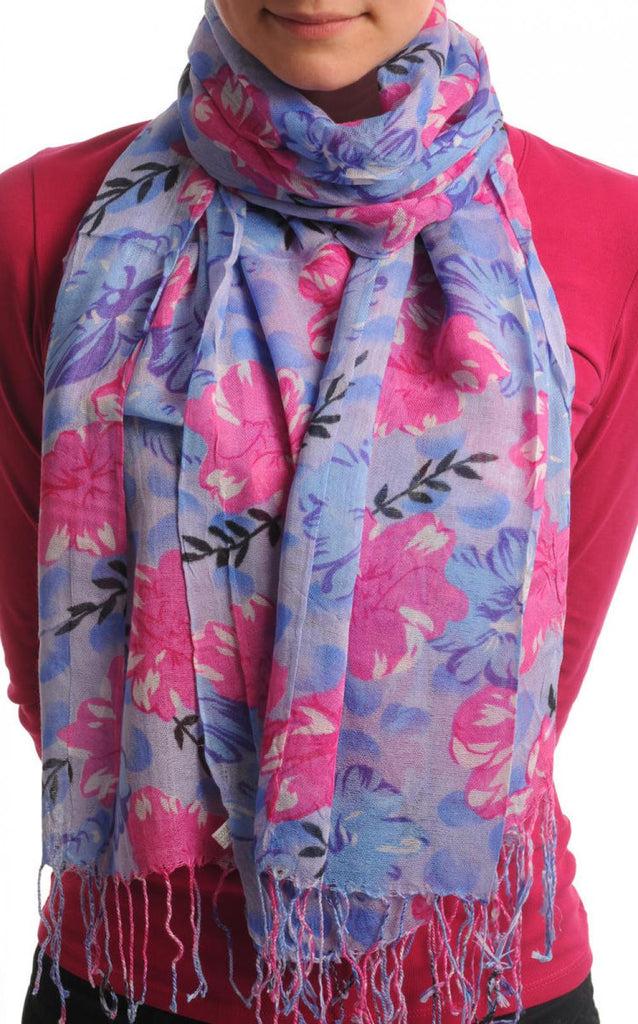 liss kiss Begonia Flowers With Tassels On Blue - Scarf