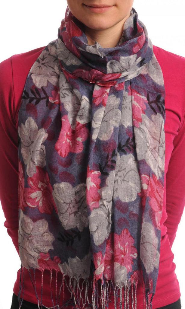 liss kiss Begonia Flowers With Tassels On Grey - Scarf