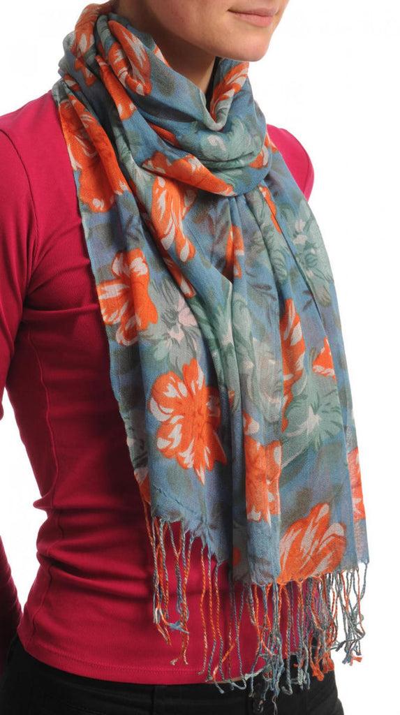 Liss Kiss Begonia Flowers With Tassels On Sea Blue - Scarf