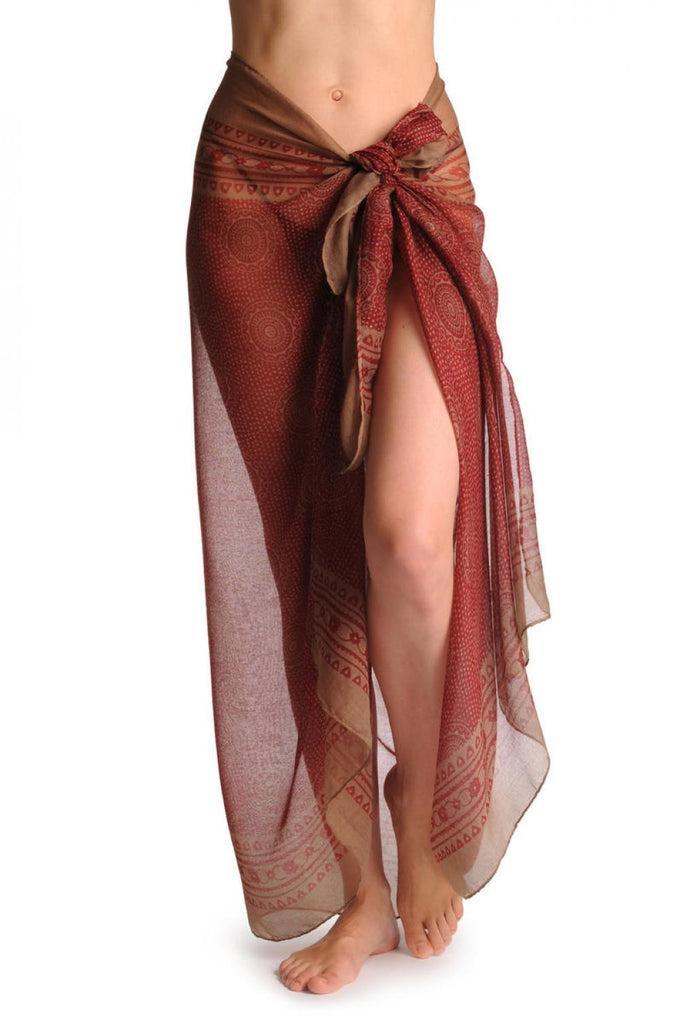 Liss Kiss Beige Aztec Sun On Burgundy Unisex Scarf & Beach Sarong - Scarf