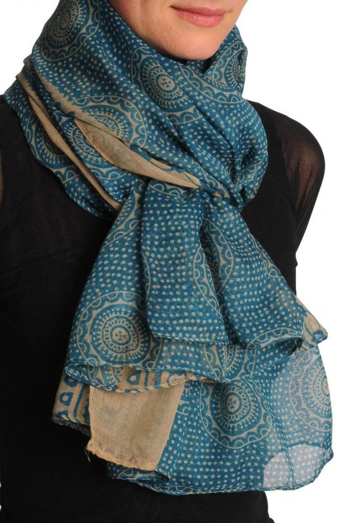 Liss Kiss Beige Aztec Sun On Teal Blue Unisex Scarf & Beach Sarong - Scarf