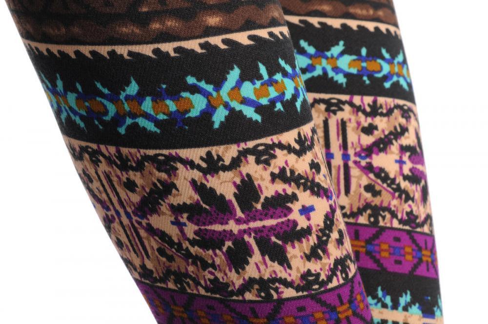 Liss Kiss Beige Blue Purple & Brown On Black Aztec Jacquard Knit Print - Leggings