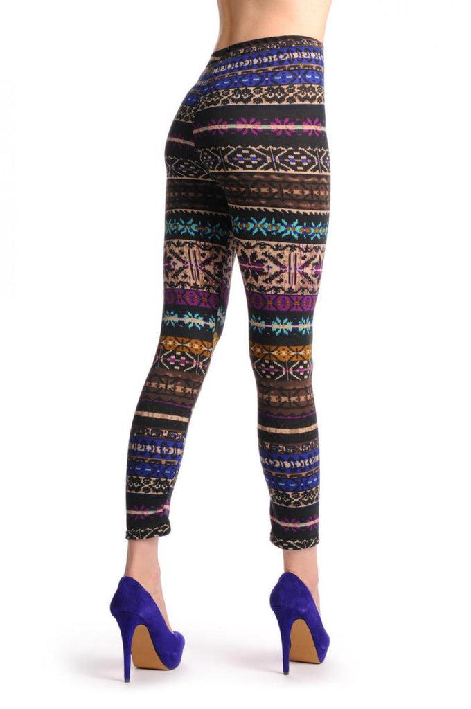 Liss Kiss Beige Blue Purple & Brown On Black Aztec Jacquard Knit Print - Leggings