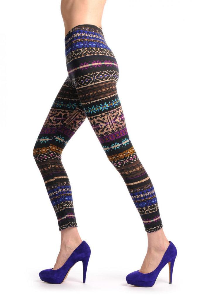 Liss Kiss Beige Blue Purple & Brown On Black Aztec Jacquard Knit Print - Leggings