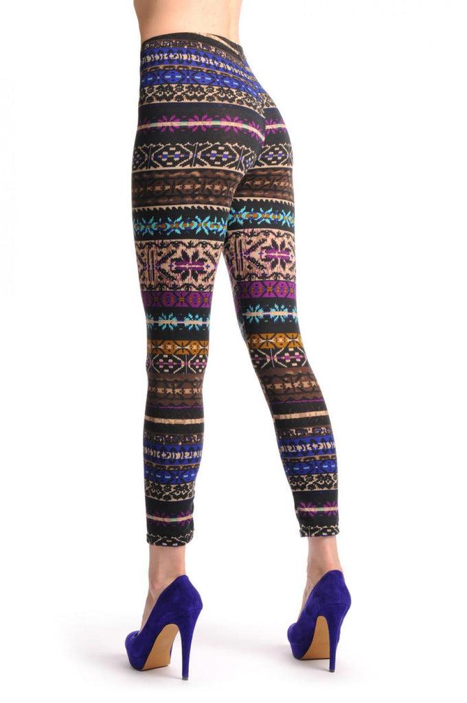 liss kiss Beige Blue Purple & Brown On Black Aztec Jacquard Knit Print - Leggings