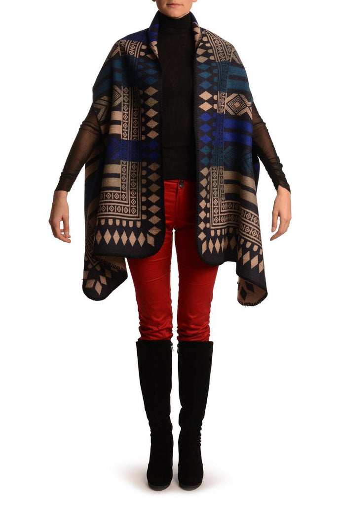 Liss Kiss Beige Blue & Teal Blue Aztec On Black Blanket Wrap (Poncho) - Poncho