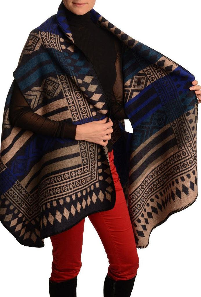 Liss Kiss Beige Blue & Teal Blue Aztec On Black Blanket Wrap (Poncho) - Poncho