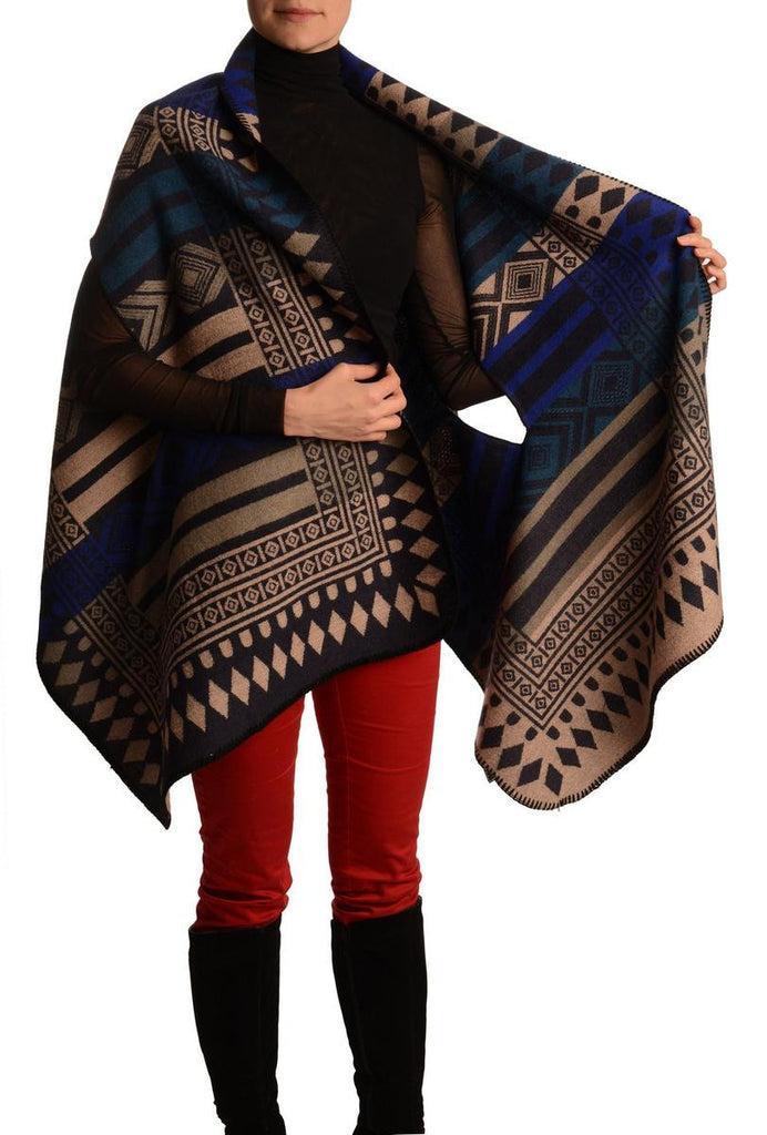 Liss Kiss Beige Blue & Teal Blue Aztec On Black Blanket Wrap (Poncho) - Poncho