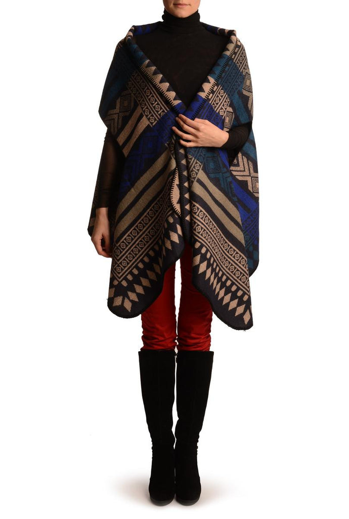 liss kiss Beige Blue & Teal Blue Aztec On Black Blanket Wrap (Poncho) - Poncho