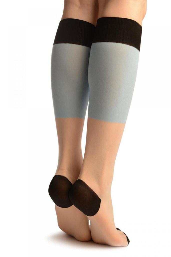 Liss Kiss Beige & Blue With Black Trim Socks Knee High - Socks