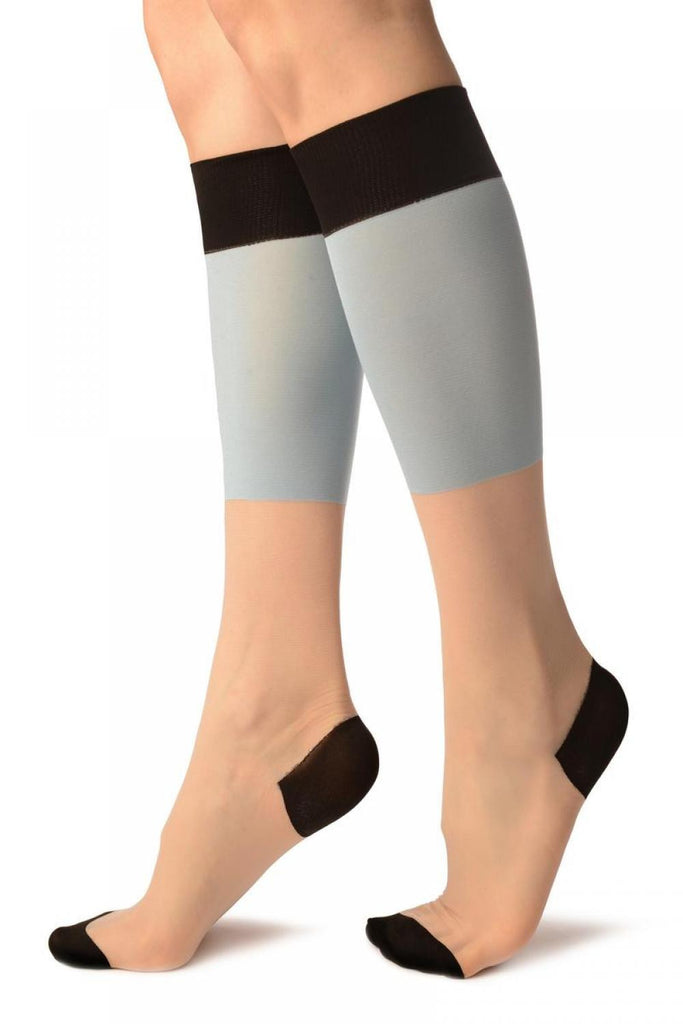 Liss Kiss Beige & Blue With Black Trim Socks Knee High - Socks
