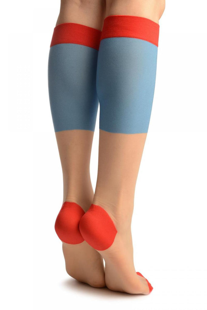 Liss Kiss Beige & Blue With Red Trim Socks Knee High - Socks
