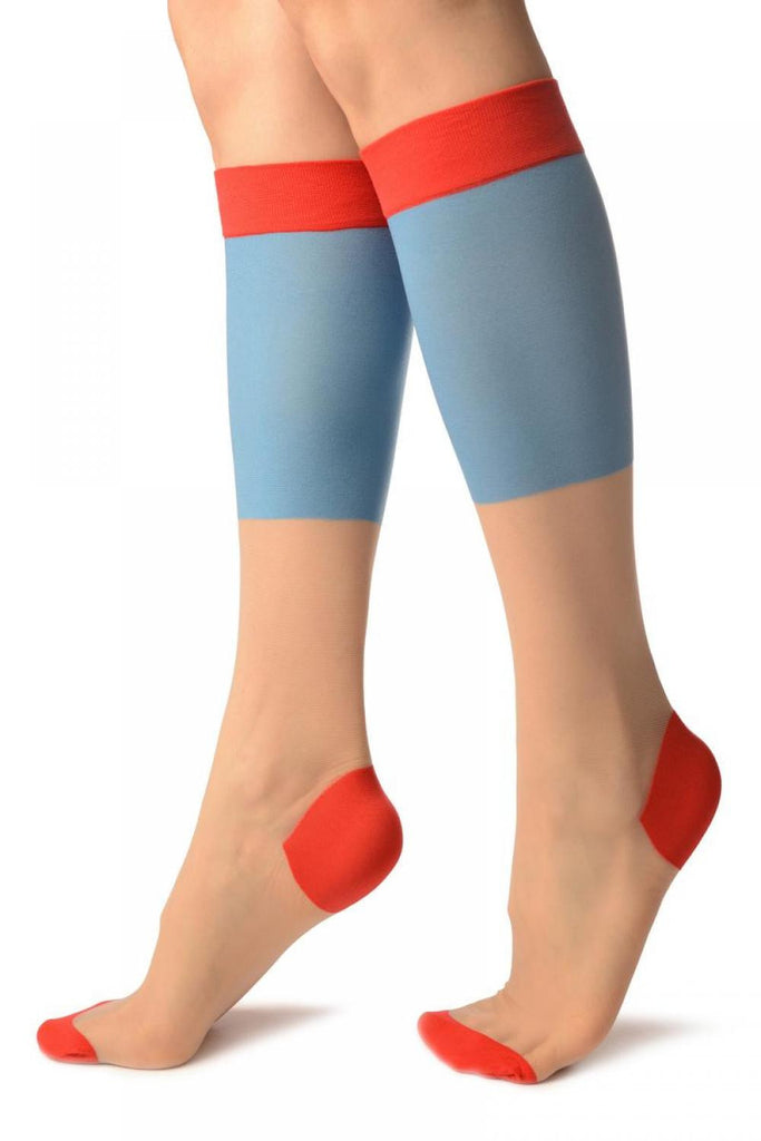 Liss Kiss Beige & Blue With Red Trim Socks Knee High - Socks