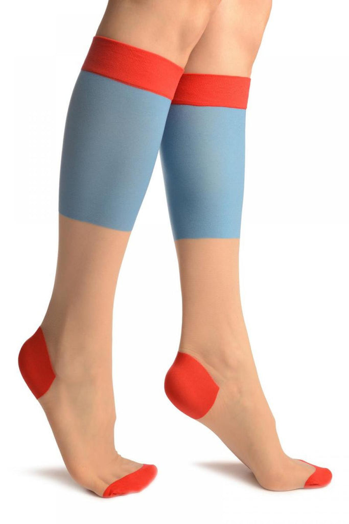 liss kiss Beige & Blue With Red Trim Socks Knee High - Socks