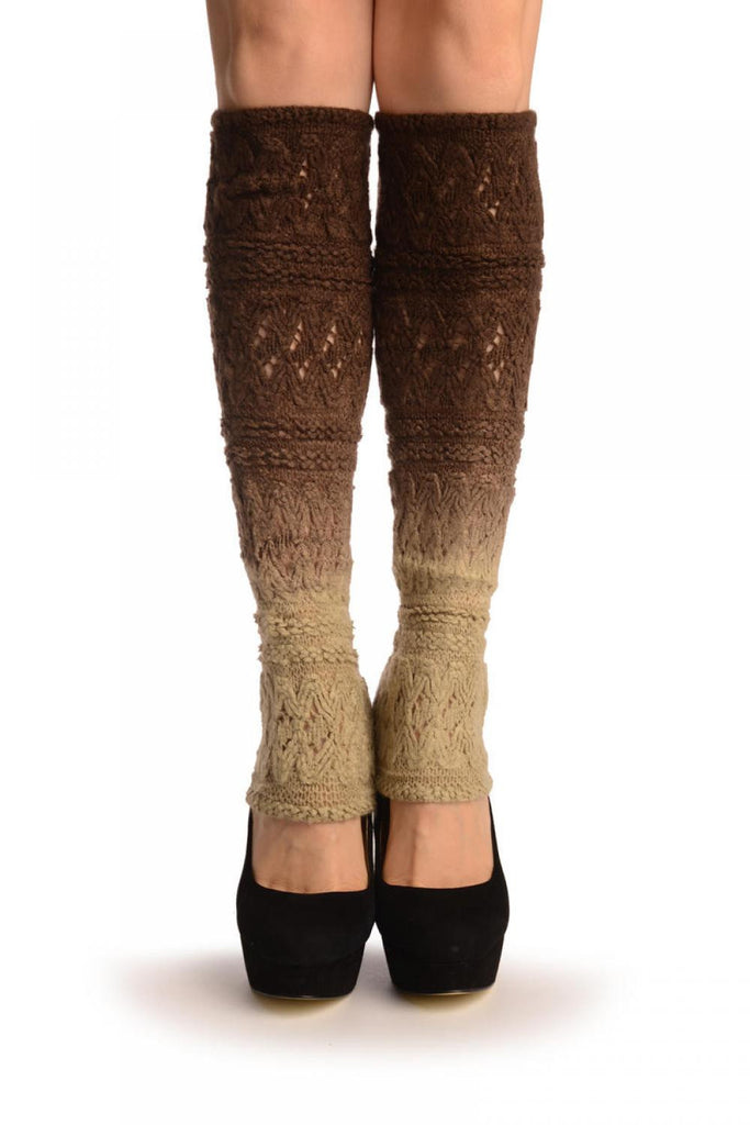 Liss Kiss Beige & Brown Ombre Soft Knitted Lace - Leg Warmers