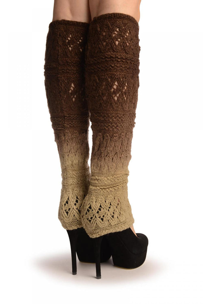 Liss Kiss Beige & Brown Ombre Soft Knitted Lace - Leg Warmers