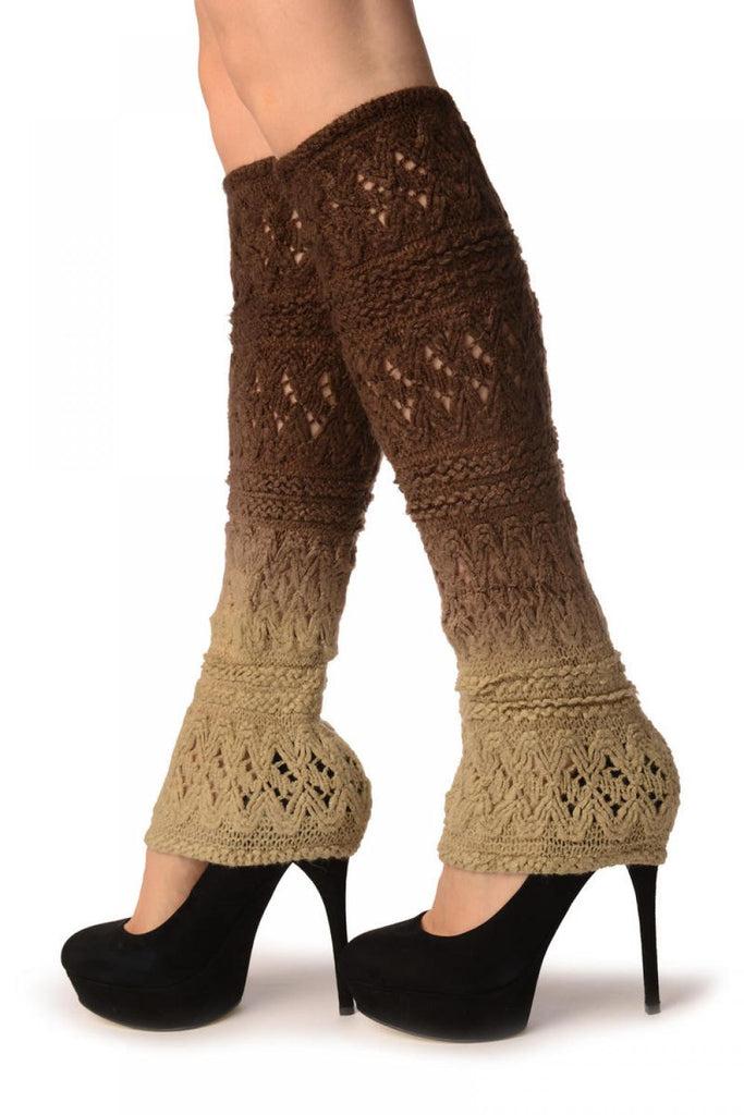 Liss Kiss Beige & Brown Ombre Soft Knitted Lace - Leg Warmers